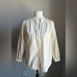 Mother Mandarin Collar V-Neck Long Sleeve Button Down Shirt Cream/Ivory Size S